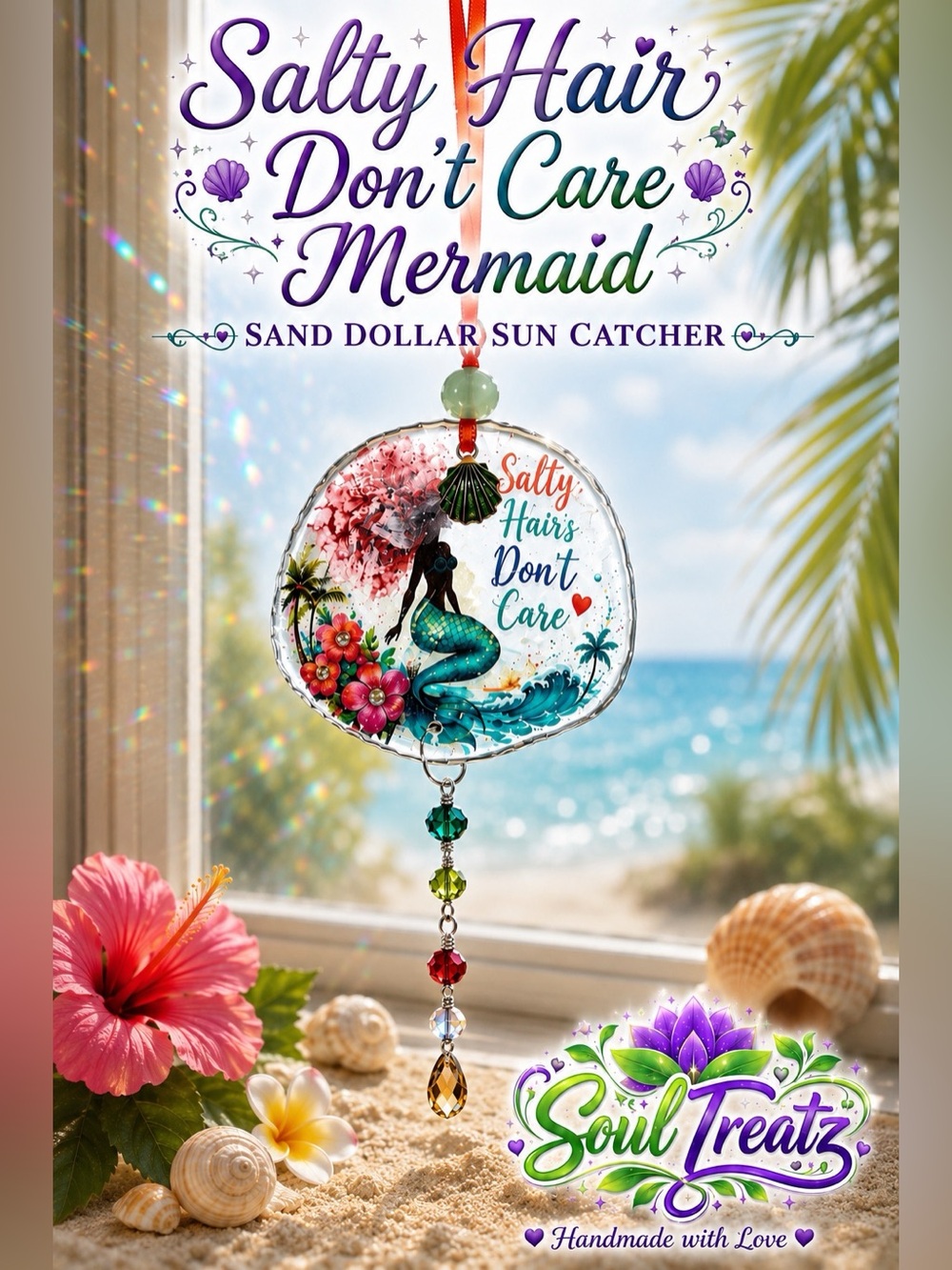 Salty Hair Don't Care Mermaid Decoupage Sand Dollar Sun Catcher - Teal & Purple